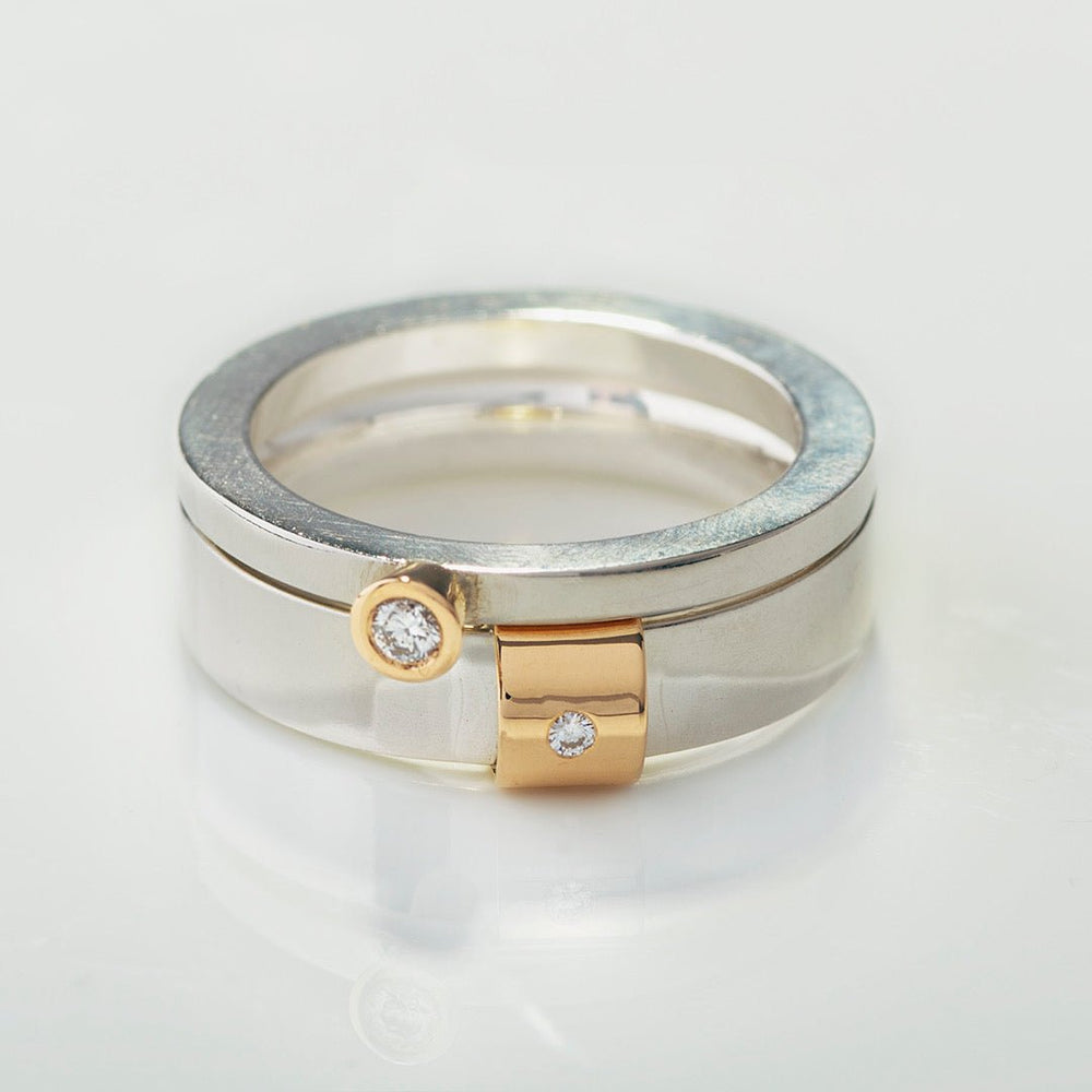Helrund & Halvrund Ring i silver och 18k guld med diamant, matchad med ringen Regnbågen