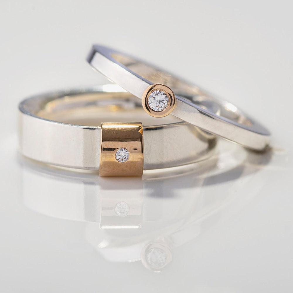 Helrund & Halvrund Ring i silver och 18k guld med diamant, tillsammans med ringen Regnbågen